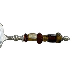 Wedding Cake Server Set & Ice Cream Scoop w/Amber Glass Beaded Handles India EUC