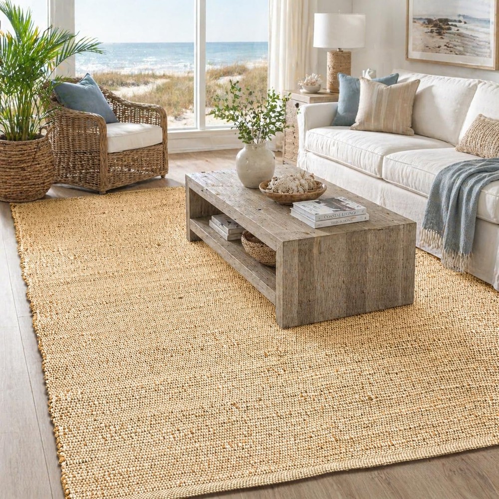 Chardin home 5×7 Jute Cotton Hand Woven Area Rug, Natural Jute Braided Boho F…