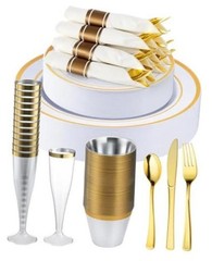 320PCS Plates Sets, Fancy Disposable Dinnerware for 320 Pcs (40 Guests) Gold