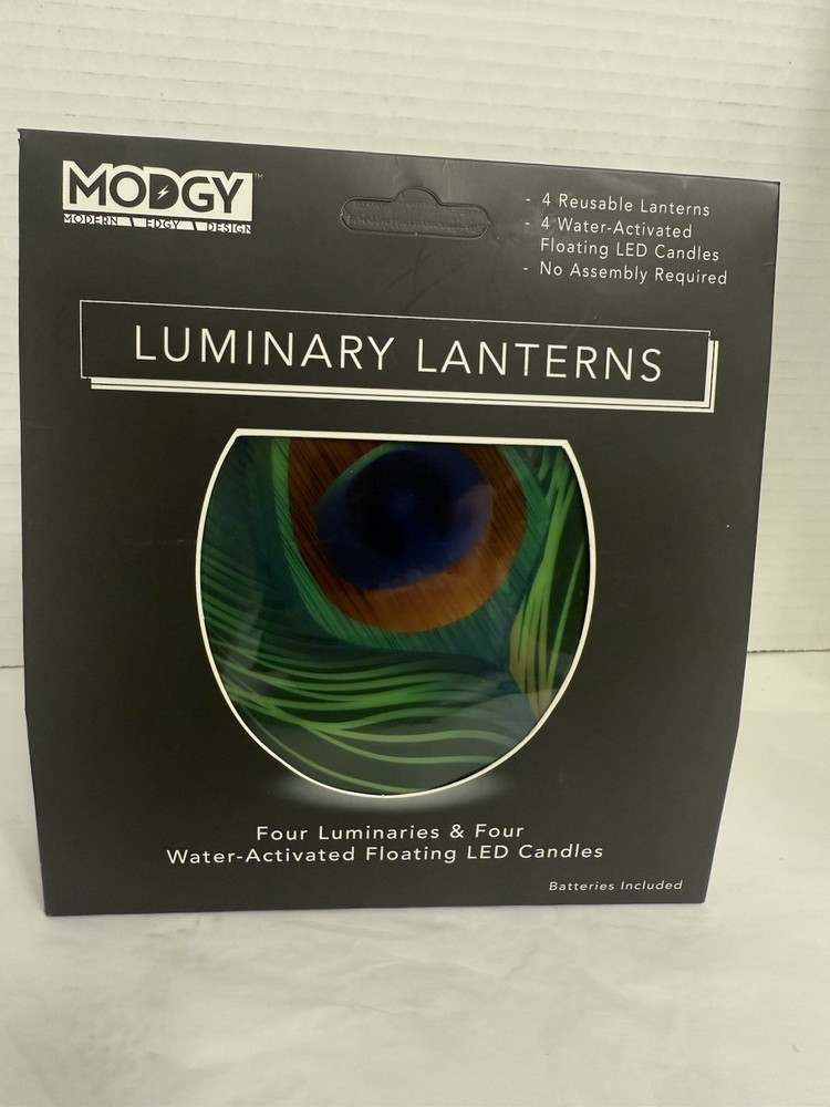 NEW Modgy Luminary Lanterns 4 Peacock Feather Not Opened Pool & Wedding Events