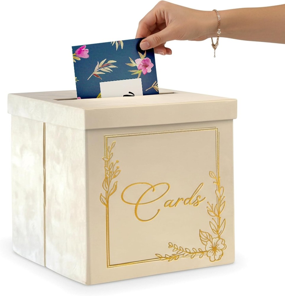 Wedding Card Box – 9″ x 9″ Collapsible Velvet – Covered Design – Cards Box fo…