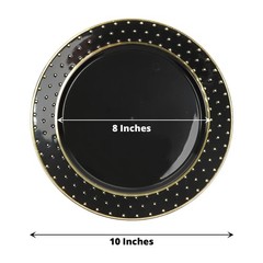 10 BLACK 10″ Round Plastic Salad PLATES GOLD 3D Dotted Rim Events Decorations