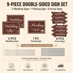 Wedding Direction Signs, 9-Piece Double-Sided Set with 2 Wedding This Way Signs,