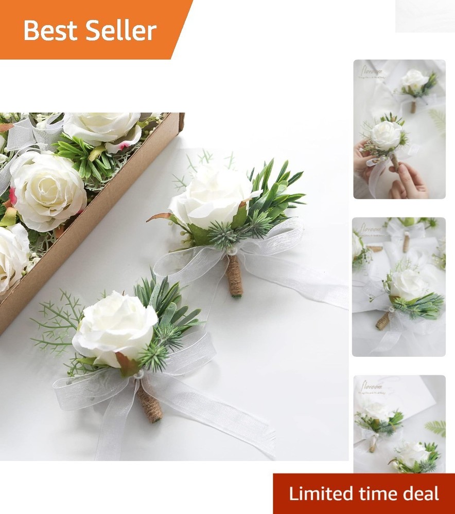Deluxe Gift Boxed Ivory Rose Boutonnieres – Set of 6 for Elegant Occasions