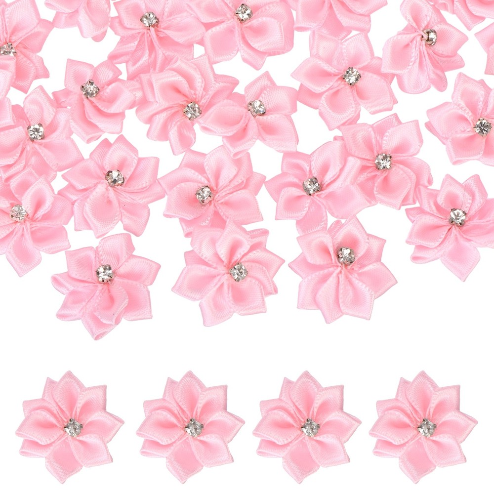 100Pcs Ribbon Flowers 1.2″ Fabric Flowers with Rhinestones Pink]