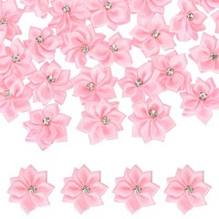 100Pcs Ribbon Flowers 1.2″ Fabric Flowers with Rhinestones Pink]