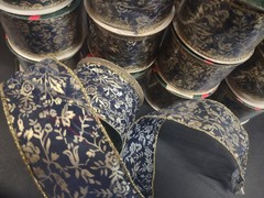 Exquisite Navy Sheer Ribbon, 10 Yards, Gold Leaf Stamped Floral Vine, Wired 2″
