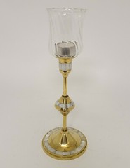 Candle Holder Brass Mother of Pearl Inlay Round 4″Dia 8″High Set of 2