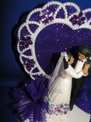 New Medium Dark skin Bride & Groom Wedding CakeTop, purple decor & heart, #335