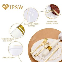 Gold Plastic Plates and Disposable Silverware w/Per-Rolled Napkins,Home