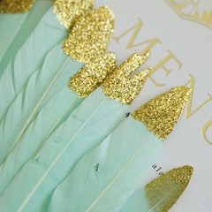90 MINT GREEN Glittered Gold Tip Natural Turkey Feathers Wedding Decorations