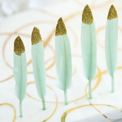 30 MINT GREEN Glittered Gold Tip Natural Turkey Feathers Wedding Decorations