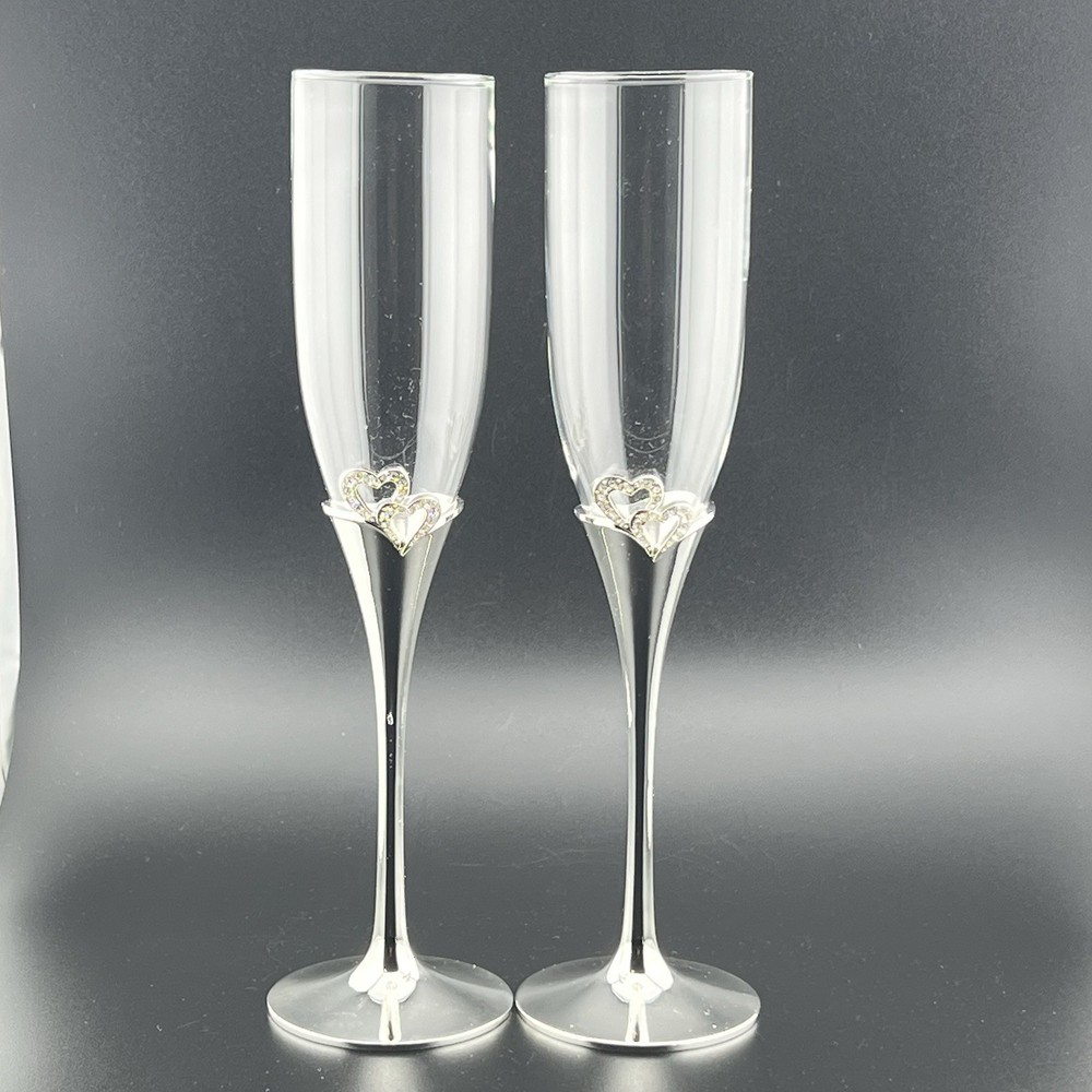 Set of 2 LENOX Creative Heart Shape Champagne Flutes With Rhinestone Hearts