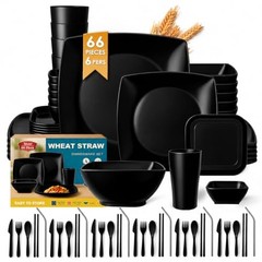 66-piece With Flatware Plastic Kitchen Wheat Straw Square Dinnerware Set Black