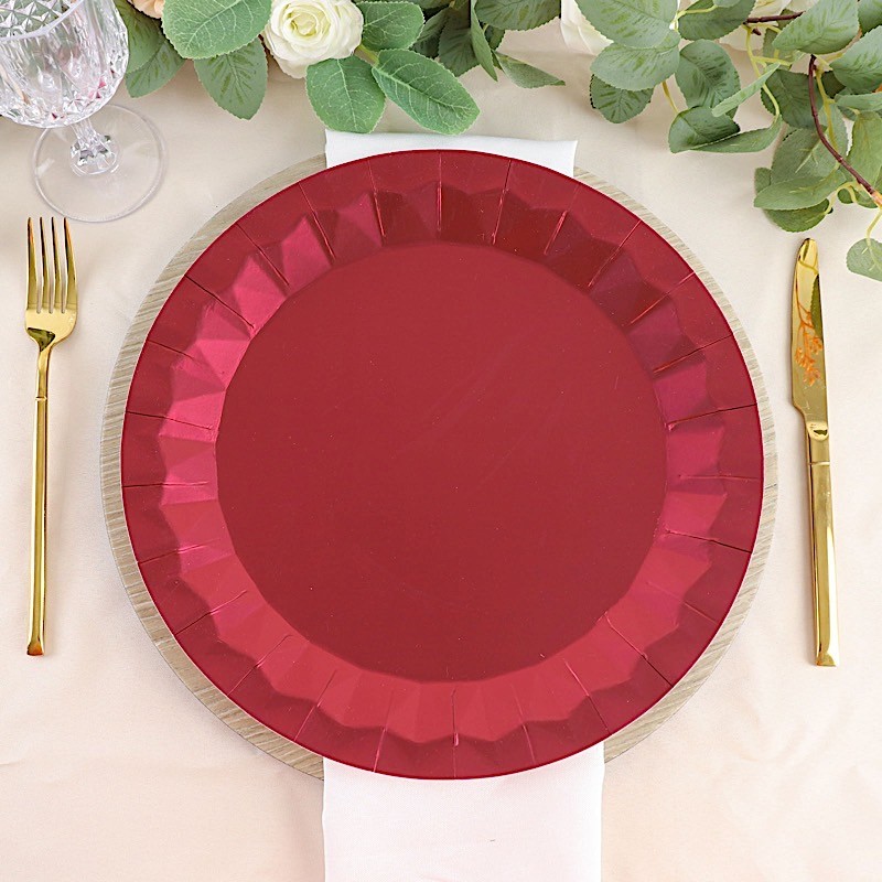 25 BURGUNDY Metallic Round 12″ Paper Salad Dinner Plates Geometric Design