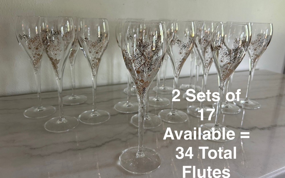 Nice! Set Of 17 Embossed Floral Gold Tone 8” Champagne Flutes 2 Sets Available