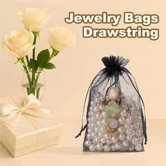 Crweety 50 Pcs Black Organza Bags 4×6 Inch, Small Mesh Gift Bags Drawstring for