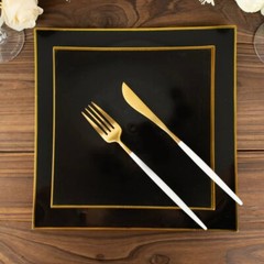 10 BLACK 8″ Square Concave Plastic Salad Dinner PLATES Gold Rim Party Events