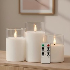 Glass Flameless Candles with Remote, White Battery Operated Clear Glass