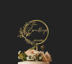 Minimalist Chic Script Wedding Cake Topper, Acrylic Cake Topper w/ Rustic Wreath