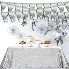 20M/65FT Triangle Pennant Banner Flag Metallic Fabric Bunting Garland Silver
