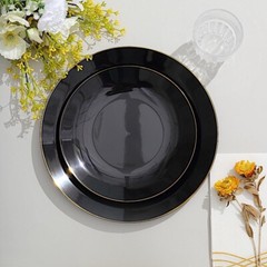 BLACK 10 Glossy 8″ Round Plastic Salad PLATES Gold Rim Party Events Decorations