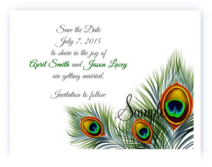 100 Personalized Custom Peacock Feathers Bridal Wedding Save The Date Cards