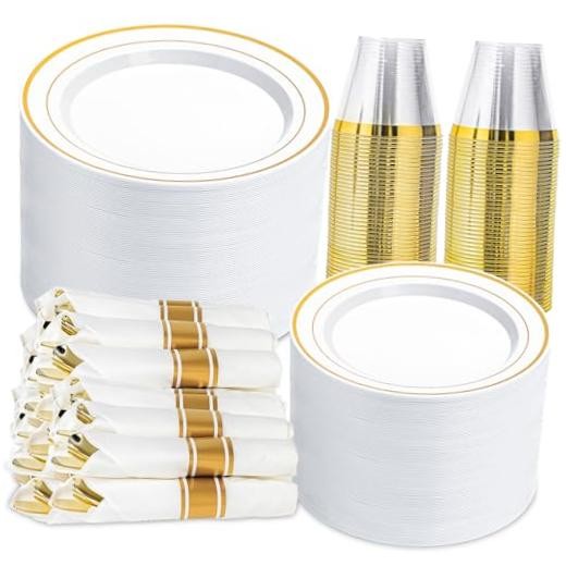 White and Plastic Dinnerware Set for 50 Guests, Disposable Party 350 PCS Gold