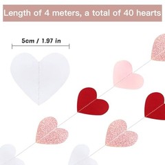 52 Feet Heart Streamers Paper Garlands Rose-Gold Pink Burgundy-Red White