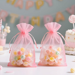 25PCS Blush Pink Organza Bags 5×7 inches – Drawstring Organza Bags, Candy Gift W