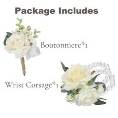 Rinlong Corsage and Boutonniere Set White Rose Corsages Wristlet Groom Flower…