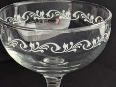 Vintage Bride & Groom Champagne Coupe Glasses Etched Scroll Wedding Toast Set