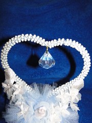 New White Pearl & blue bead Heart with tulle & white floral Wedding CakeTop 416