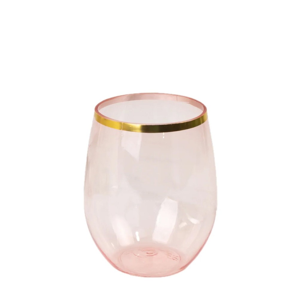 14 oz Transparent Blush with Gold Rim Stemless Plastic Wine Glasses Disposable