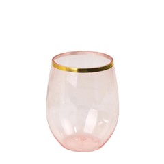14 oz Transparent Blush with Gold Rim Stemless Plastic Wine Glasses Disposable