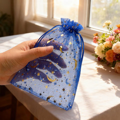 100Pcs 5X7 Inches Sheer Drawstring Organza Bags Stars and Moon Wedding Party Fav