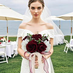9in Wedding Bouquets for Bride Bridesmaid, Burgundy & White Artificial Roses Flo
