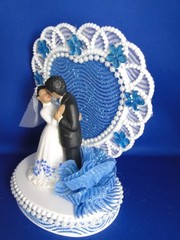 New Medium Dark skin Bride & Groom Wedding CakeTop, blue decor & heart, #336
