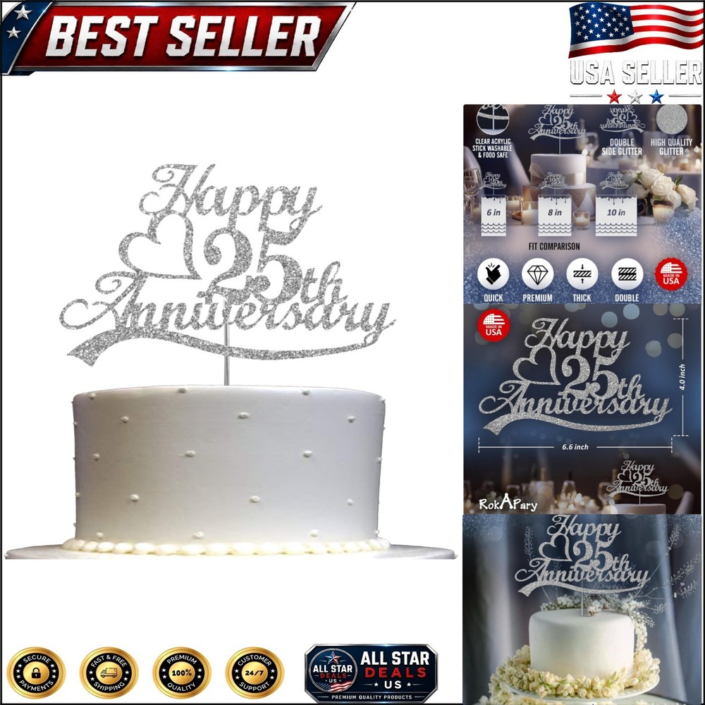 Luxurious Silver Glitter 25th Anniversary Cake Topper – Eco-Friendly & Sturdy