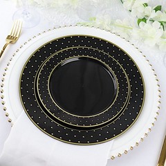 10 BLACK 10″ Round Plastic Salad PLATES GOLD 3D Dotted Rim Events Decorations