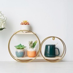 Gold Natural 2 Tier Round Metal Wood Geometric Floating Shelf Decorations