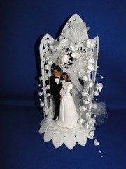 New Vintage Dark skin Bride & Groom chapel arch Wedding Cake Top, #325