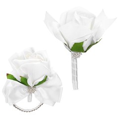 2Pcs Wrist Corsage Boutonnieres Set with White Ribbon, White