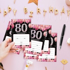 Birthday Invitations for Women Men – Pink 80th Bday Invites with Envelopes(25…