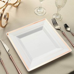 Plastic White 10″ Square Plates Rose Gold Rim Disposable Party Wedding TABLEWARE