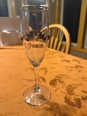Vintage Bride and Groom champagne glasses with gold trim