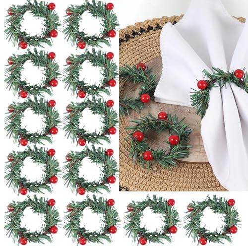 12Pcs Red Fruit Pine Needle Flower Napkin Rings Thanksgiving Christmas Party