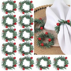 12Pcs Red Fruit Pine Needle Flower Napkin Rings Thanksgiving Christmas Party