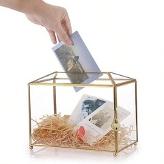 Gold Glass Card Box with Lock 10.2×5.9×8.3 Inches