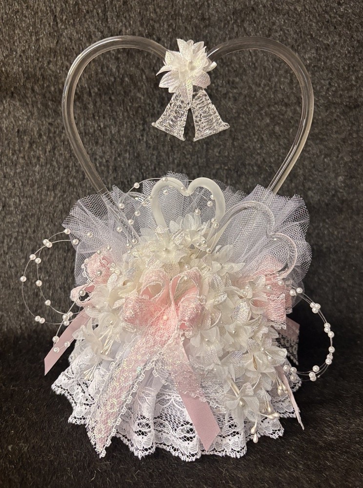 Blown Glass Bells Wedding Cake Topper White Pink Lace 8.5” Tall